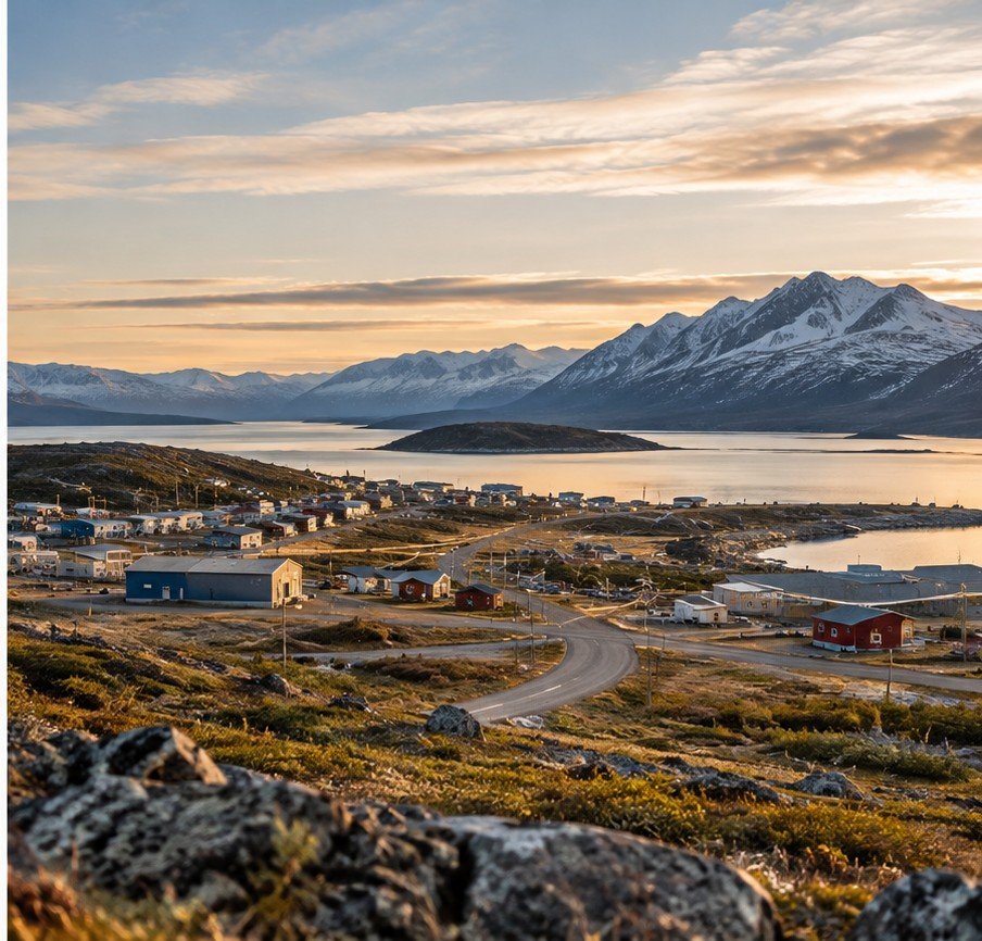 Northern community landscape at sunset